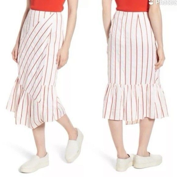 LEWIT Size 14 FAUX WRAP RED POPPY KIEV STRIPE LINEN BLEND ASYMMETRICAL SKIRT - Picture 1 of 8